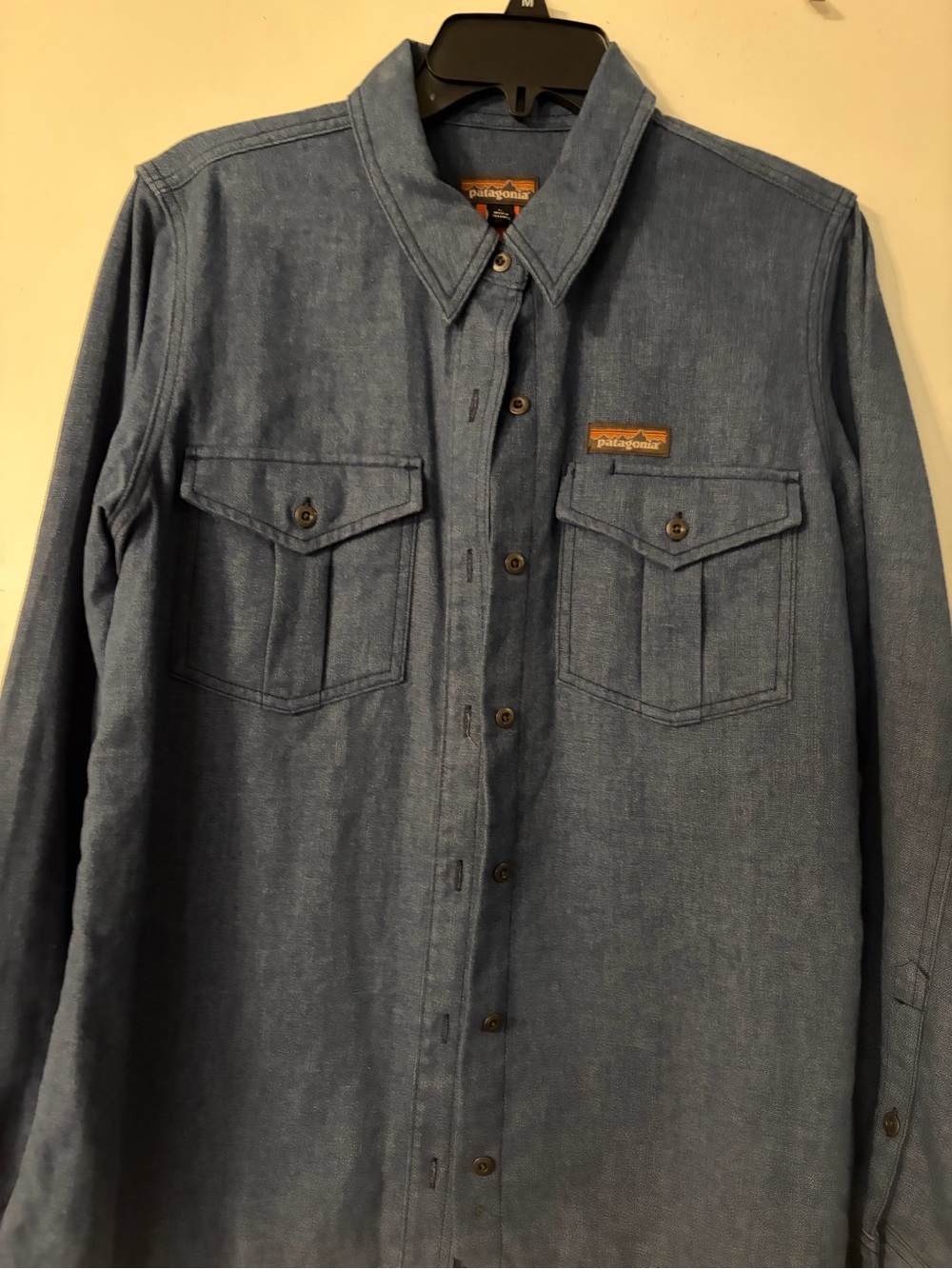 Patagonia Navy Textured Button-Up Shirt with Orange Tab